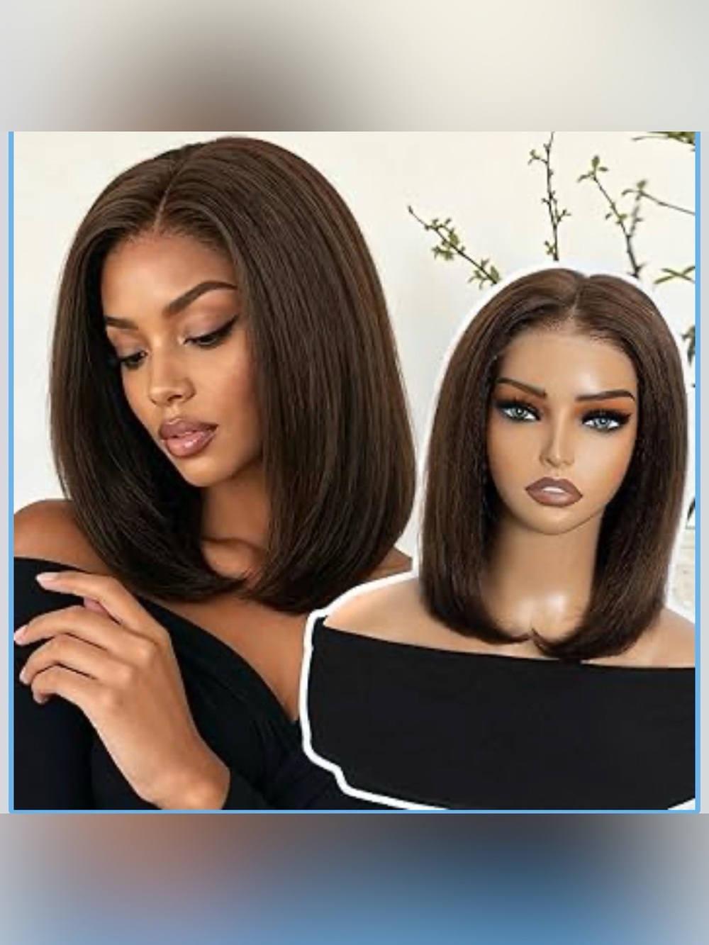 Kinky Straight Bob Wig, 100% Human Hair 4x6 Lace Front 12 Inch, #4 Medium Brown